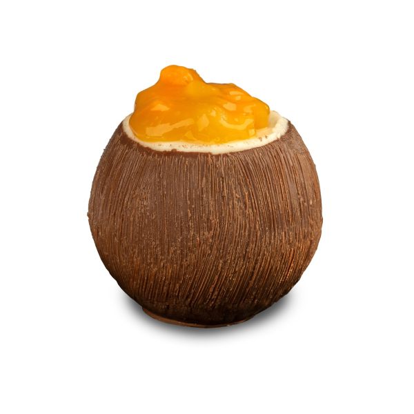 Desert Jazzberry in forma de nuca de cocos, cu invelis de ciocolata si crema